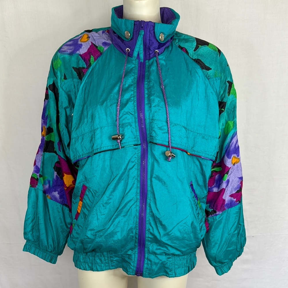 Vintage 1980s River Edge RE Sport Teal  Floral Windbreaker